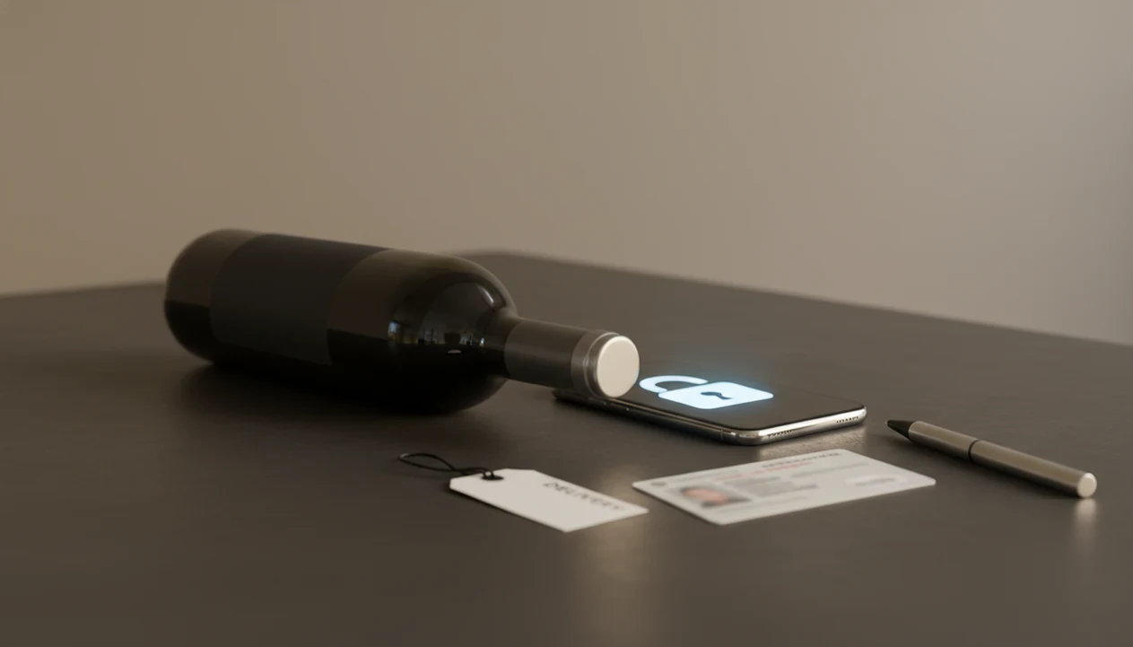 A wine bottle, phone, blurred ID card, and delivery tag arranged to suggest secure age verification.