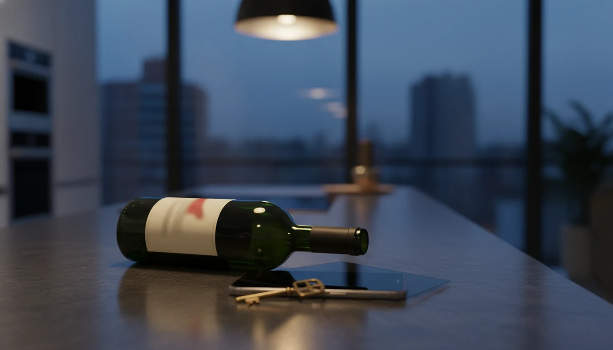 A wine bottle, dark phone, key, and privacy filter suggest caution around wine app data.