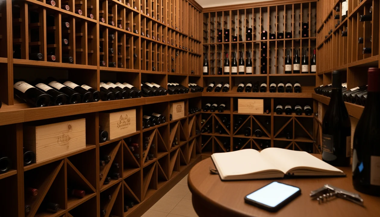 A private wine cellar with stocked racks, wooden cases, and a phone beside an inventory notebook.