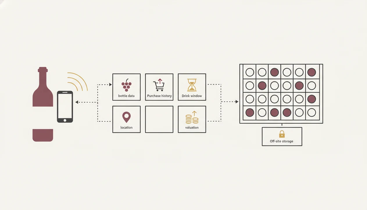 A simple diagram shows wine scanning becoming cellar records, drink windows, values, and rack locations.