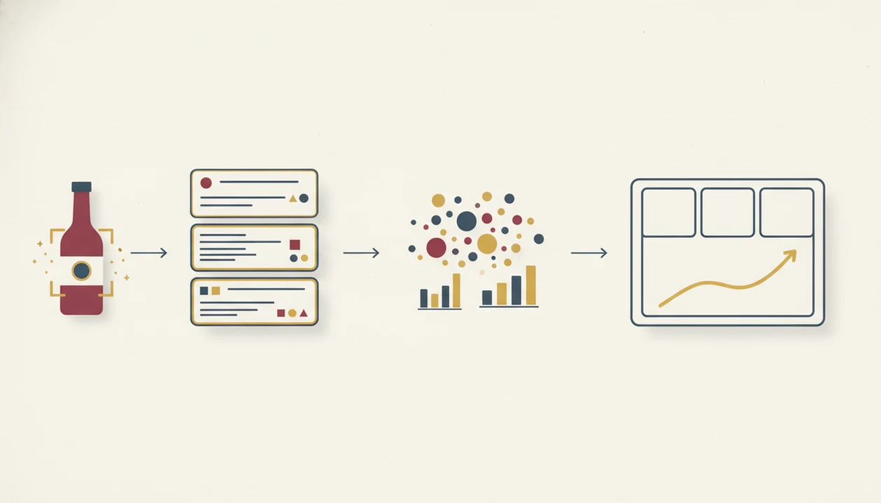 A simple diagram shows label scanning becoming metadata, market signals, and portfolio value.