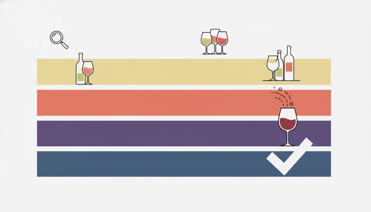A text-free illustrated timeline shows four stages from label scanning to confident wine selection over a year.