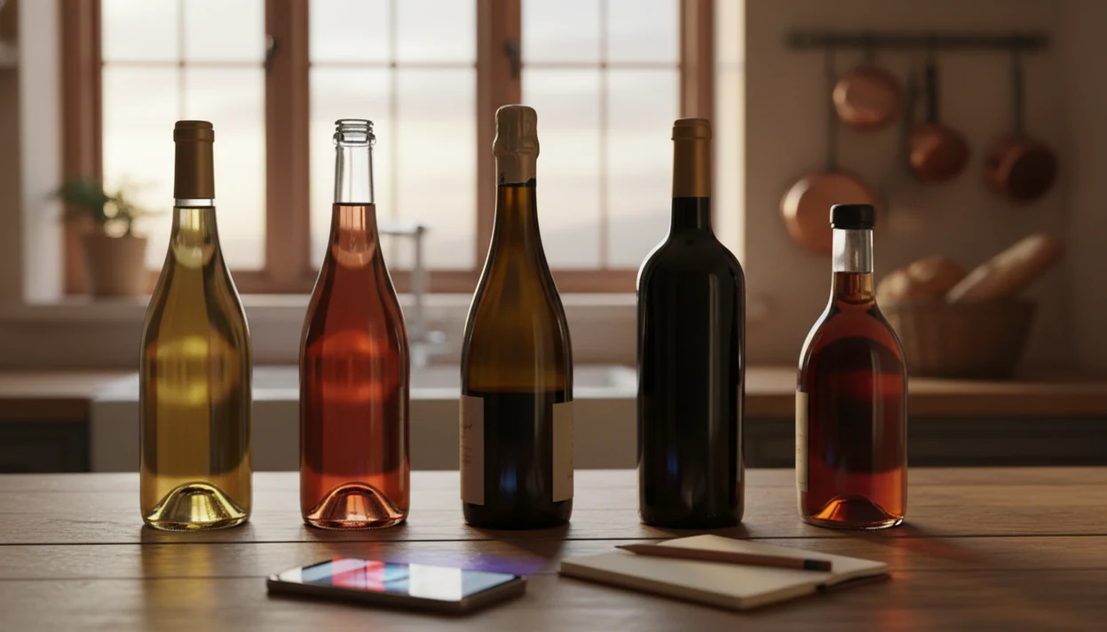 A row of varied wine bottles, a phone scan glow, and a blank tasting notebook suggest a beginner’s wine journey.