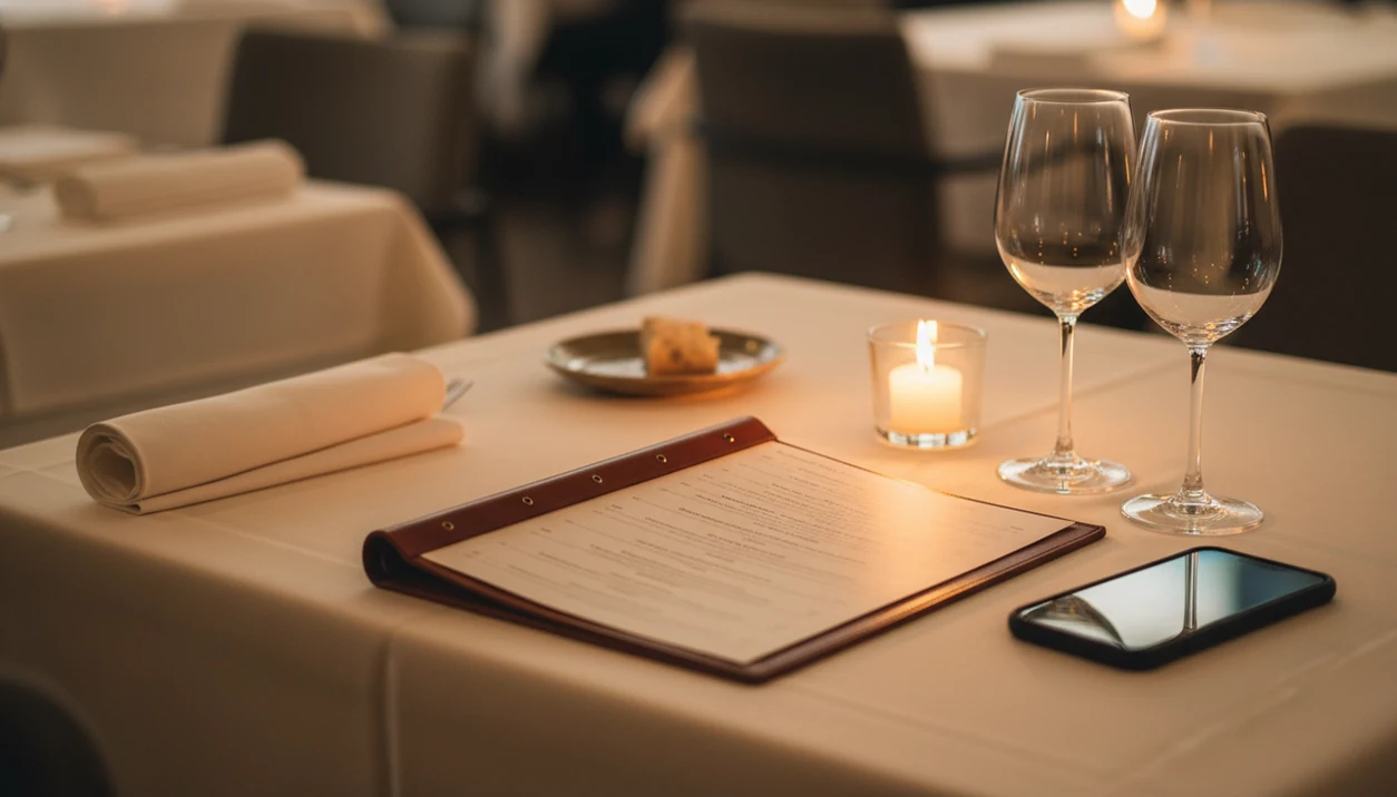 A smartphone rests beside an unreadable restaurant wine list on a warmly lit dinner table.