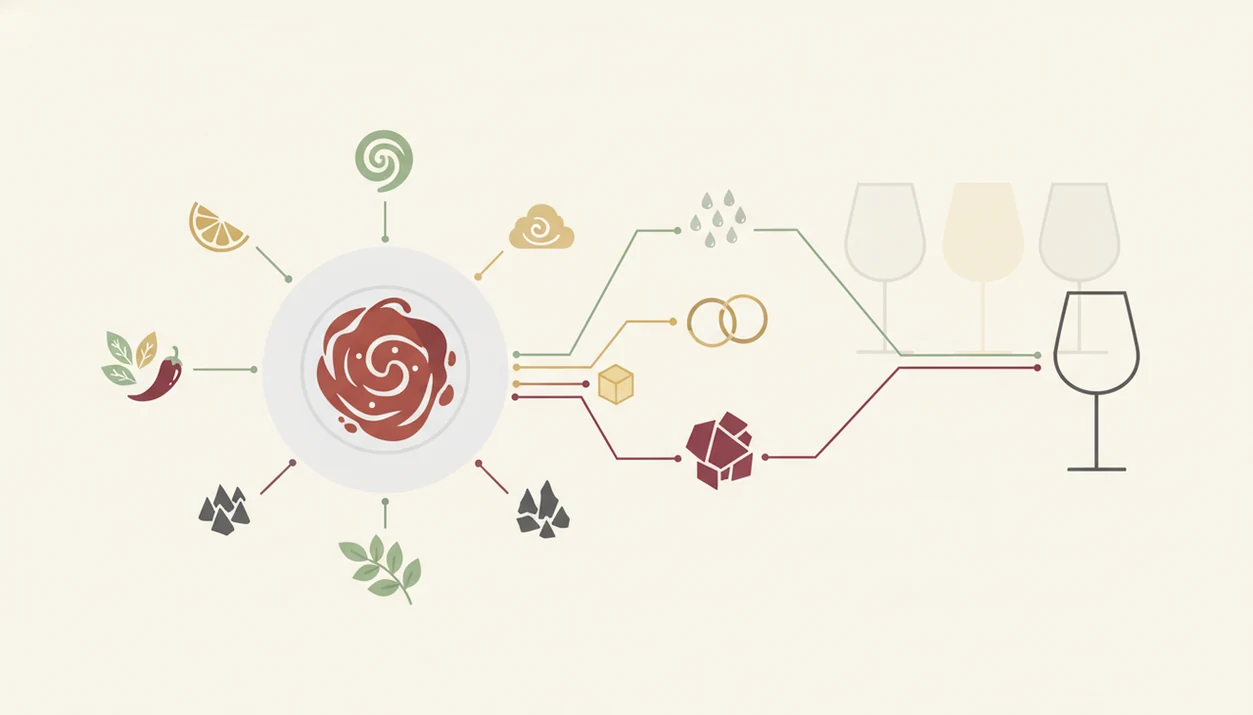 An abstract diagram shows dish flavors narrowing broad wine options into one matching glass.