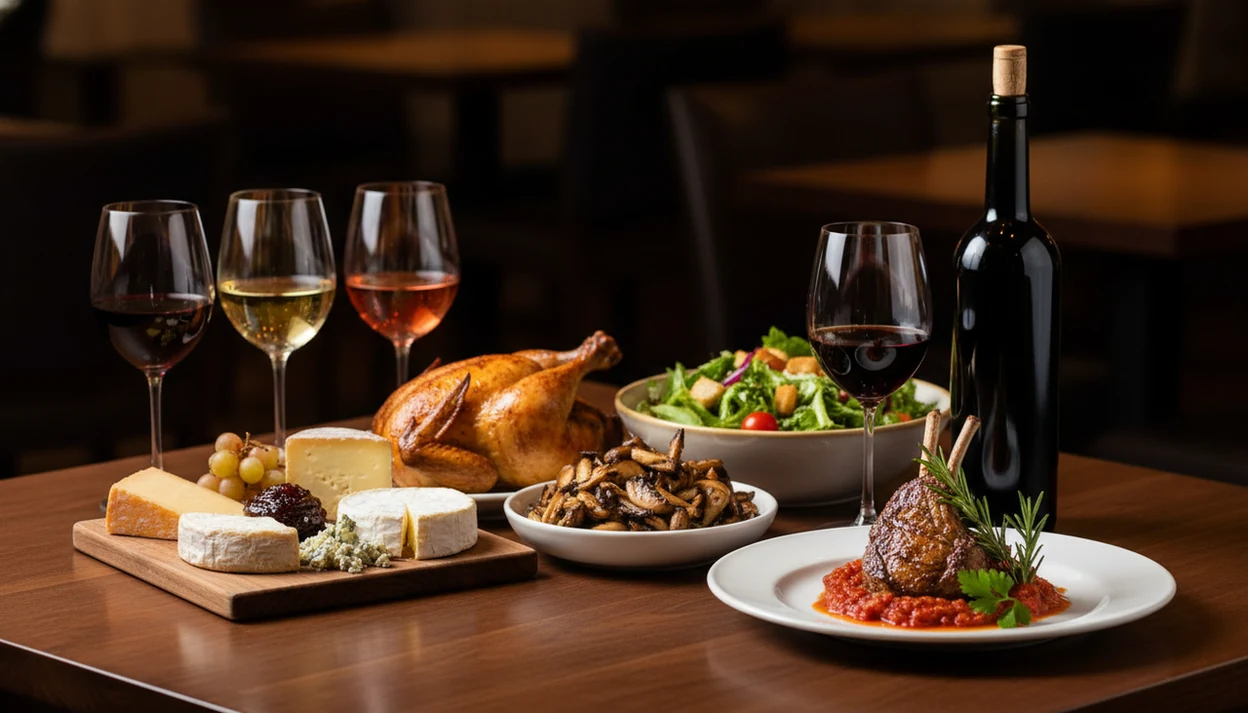 A table contrasts several possible wines with one exact bottle beside a specific dish.