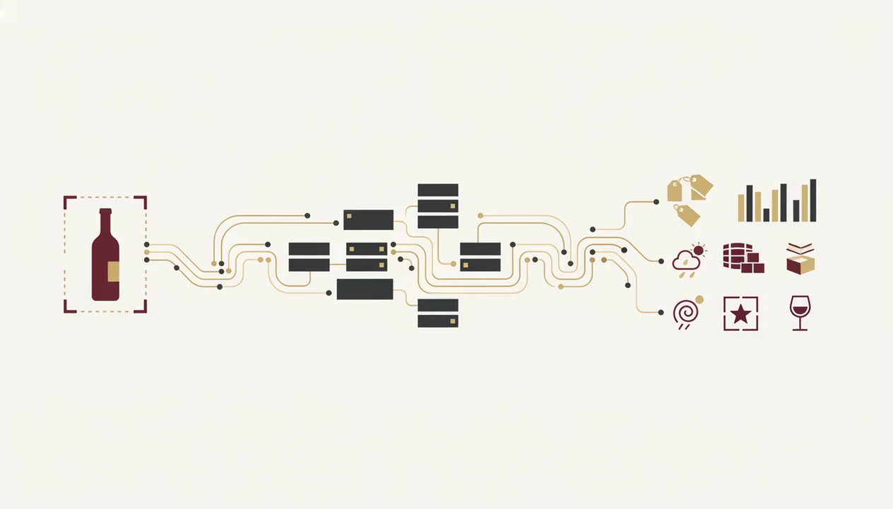 A clean diagram shows wine scanning data branching into market price and value signal clusters.
