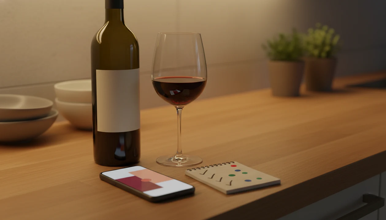 A phone, blank-label wine bottle, glass, and notebook suggest private wine rating at home.