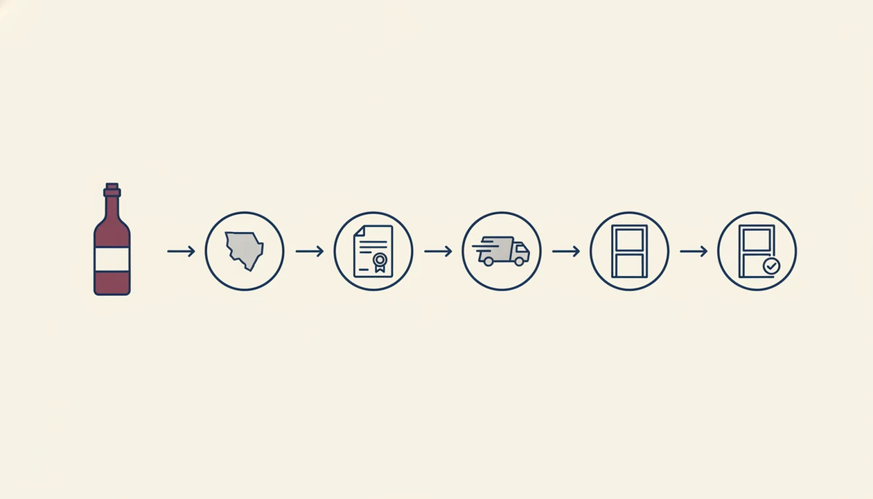 A clean diagram shows wine moving through legal, shipper, carrier, and delivery checkpoints.