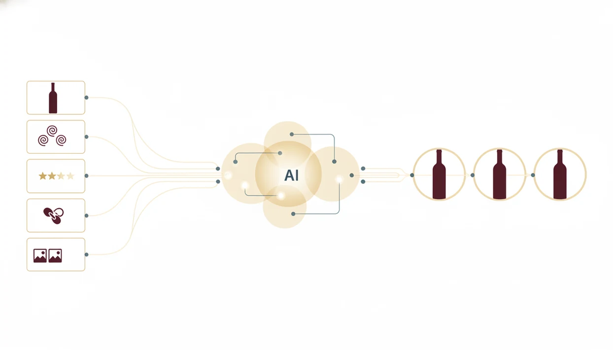 An abstract diagram shows wine notes and ratings flowing into an AI preference model and recommendations.