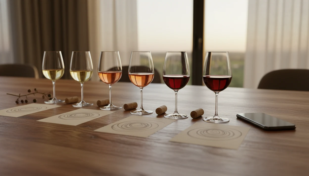 A row of wine samples and blank tasting cards arranged like a timeline on a wooden table.