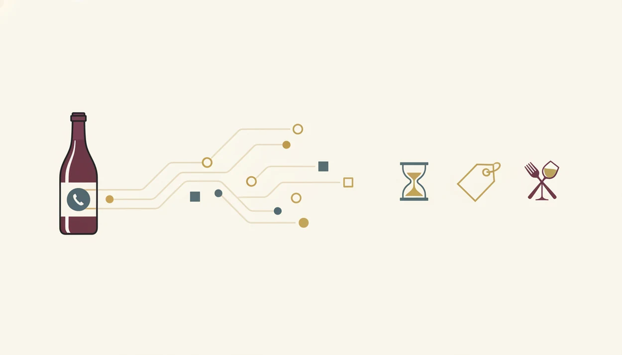 A text-free diagram shows a scanned wine bottle connecting to maturity, price, and pairing signals.
